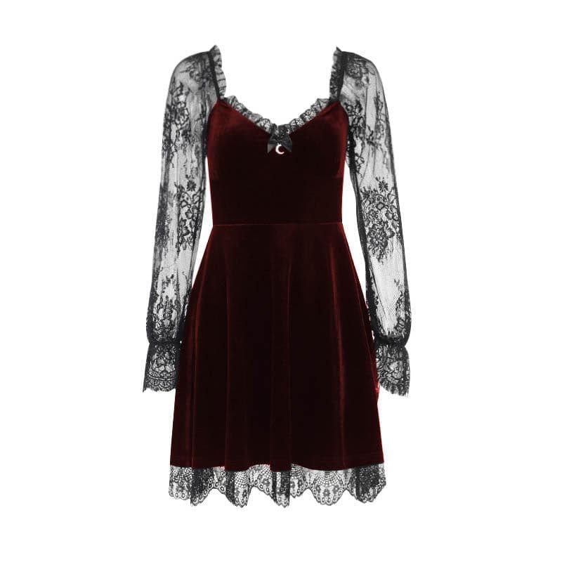 Velvet lace patchwork long sleeve contrast mini dress | victorian gothic dresses