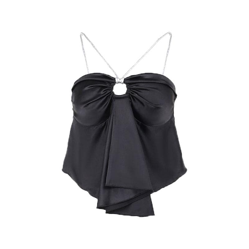 Ruched hollow out spaghetti strap satin backless crop top