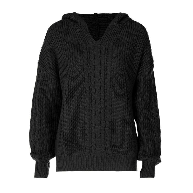 Hoodie long sleeve knitted solid v neck top