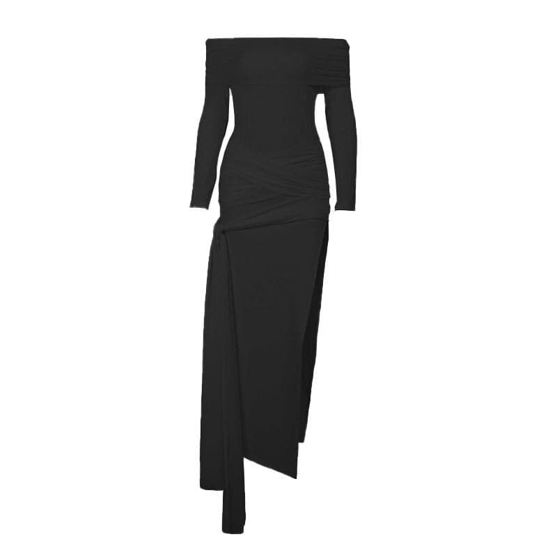 Cross front solid long sleeve off shoulder slit self tie maxi dress