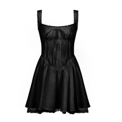 Zip-up lace hem ruched square neck backless solid mini dress