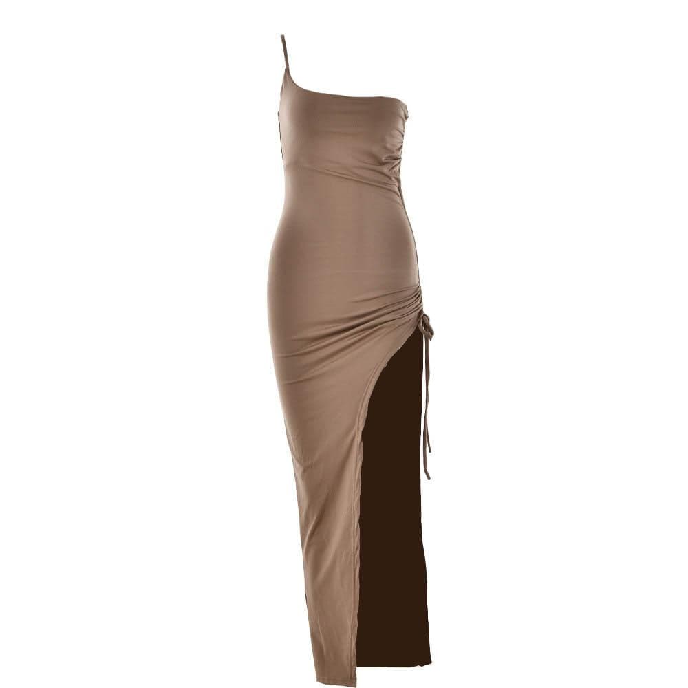 One shoulder irregular self tie solid slit ruched maxi dress