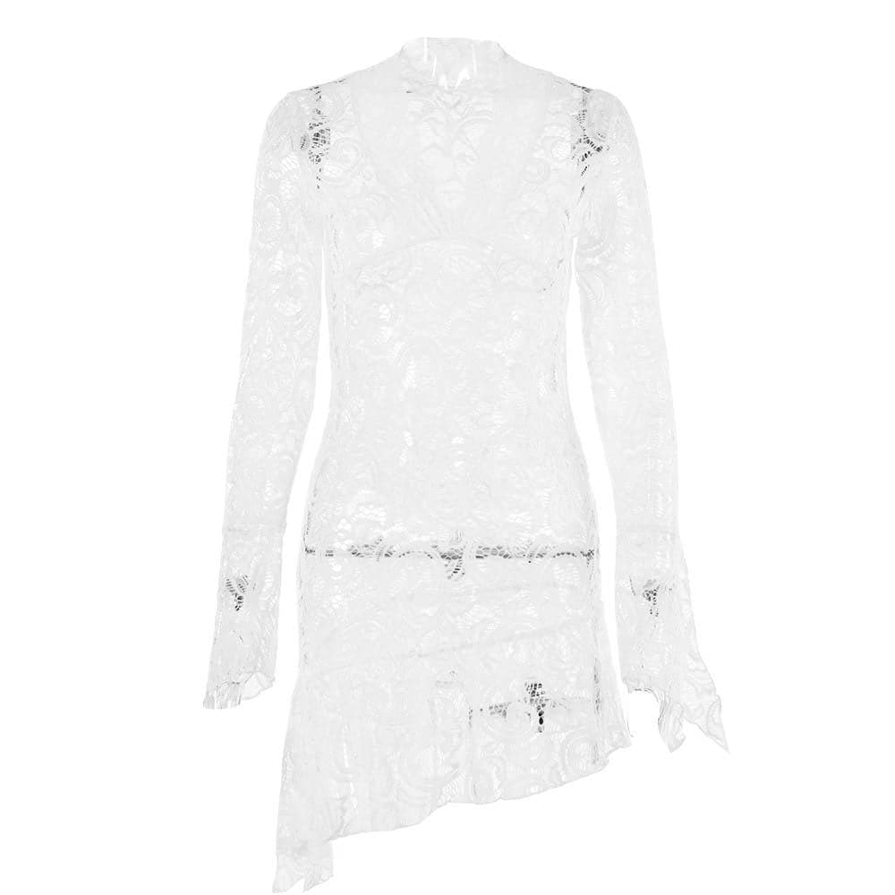 Lace see through flared sleeve v neck irregular solid mini dress - Final Sale