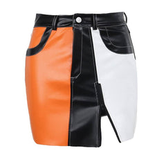 Patchwork contrast zip-up irregular pocket mini skirt