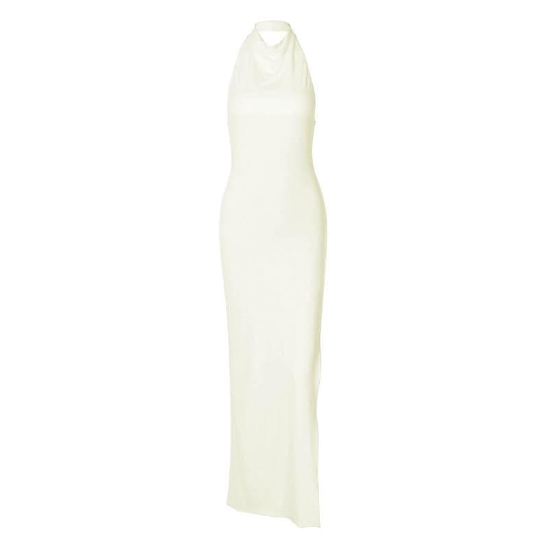 Slit halter sleeveless solid backless ruched maxi dress