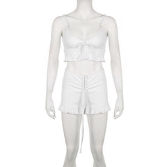 Einfarbiges Camisole-Hosen-Set mit Kordelzug und Rüschen und V-Ausschnitt zum Selbstbinden