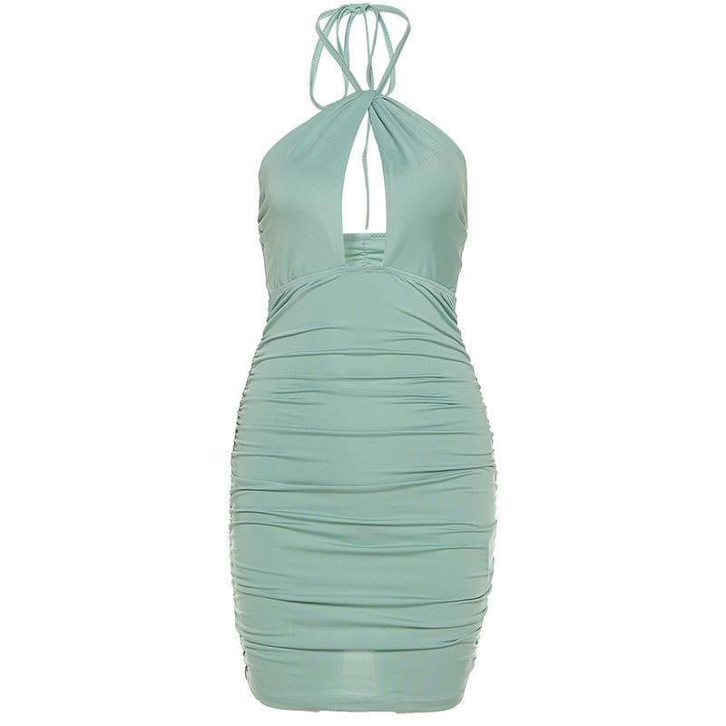 Hollow out ruched halter tie back bodycon dress