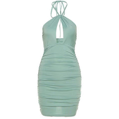 Hollow out ruched halter tie back bodycon dress