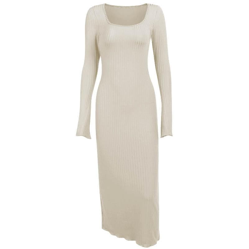 Ribbed long flared sleeve solid square neck ruffle maxi dress