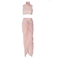 Slit textured sleeveless high neck ruched solid maxi skirt set