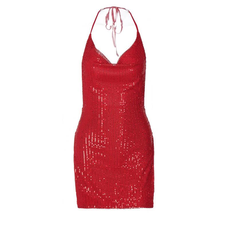 Glitzerndes rückenfreies Minikleid mit Wasserfallausschnitt, Neckholder und Schlitz