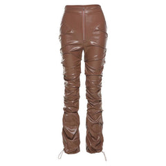 Zip-up ruched PU leather pant