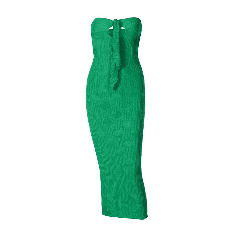 Hollow out knitted backless self tie solid textured tube maxi dress