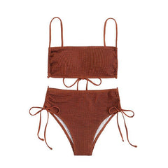 Solid textured backless self tie drawstring bikini swimwear