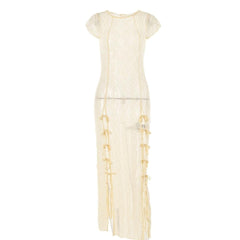 Textured slit self tie solid see through ruffle short sleeve midi dress