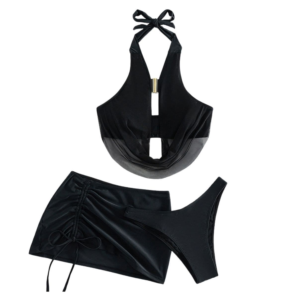 Mesh cowl neck solid halter drawstring buckle 3 piece swimwear