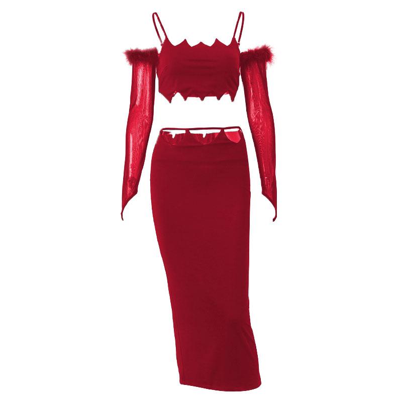 Solid hollow out mesh slit feather gloves midi skirt set