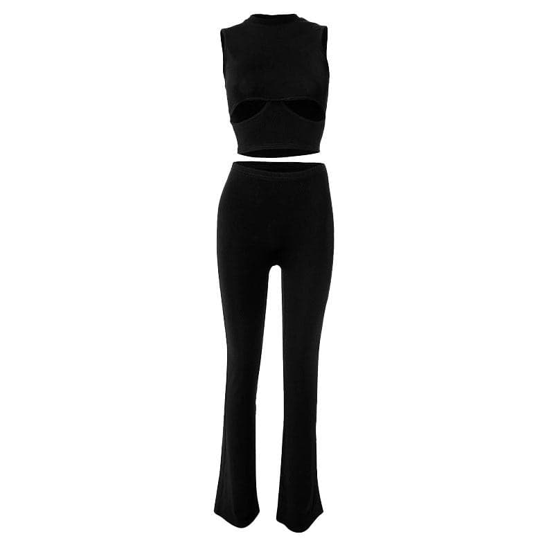 Hollow out sleeveless crewneck solid flared pant set