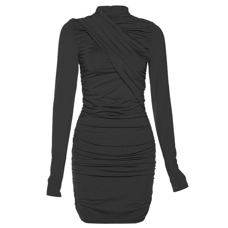 Ruched long sleeve irregular solid mini dress