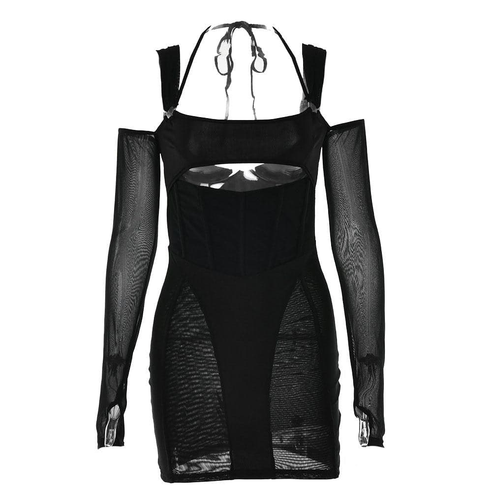 Gloves mesh corset off shoulder hollow out long sleeve halter mini dress