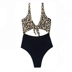 Contrast leopard hollow out one piece swimwear