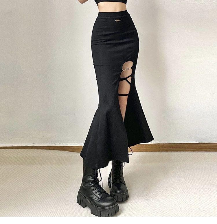 Lace up solid slit metal tag zip-up fishtail skirt