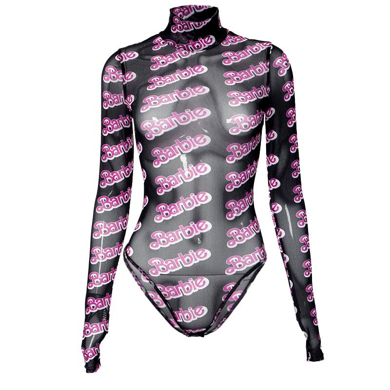 High neck long sleeve barbie print sheer mesh see through bodysuit