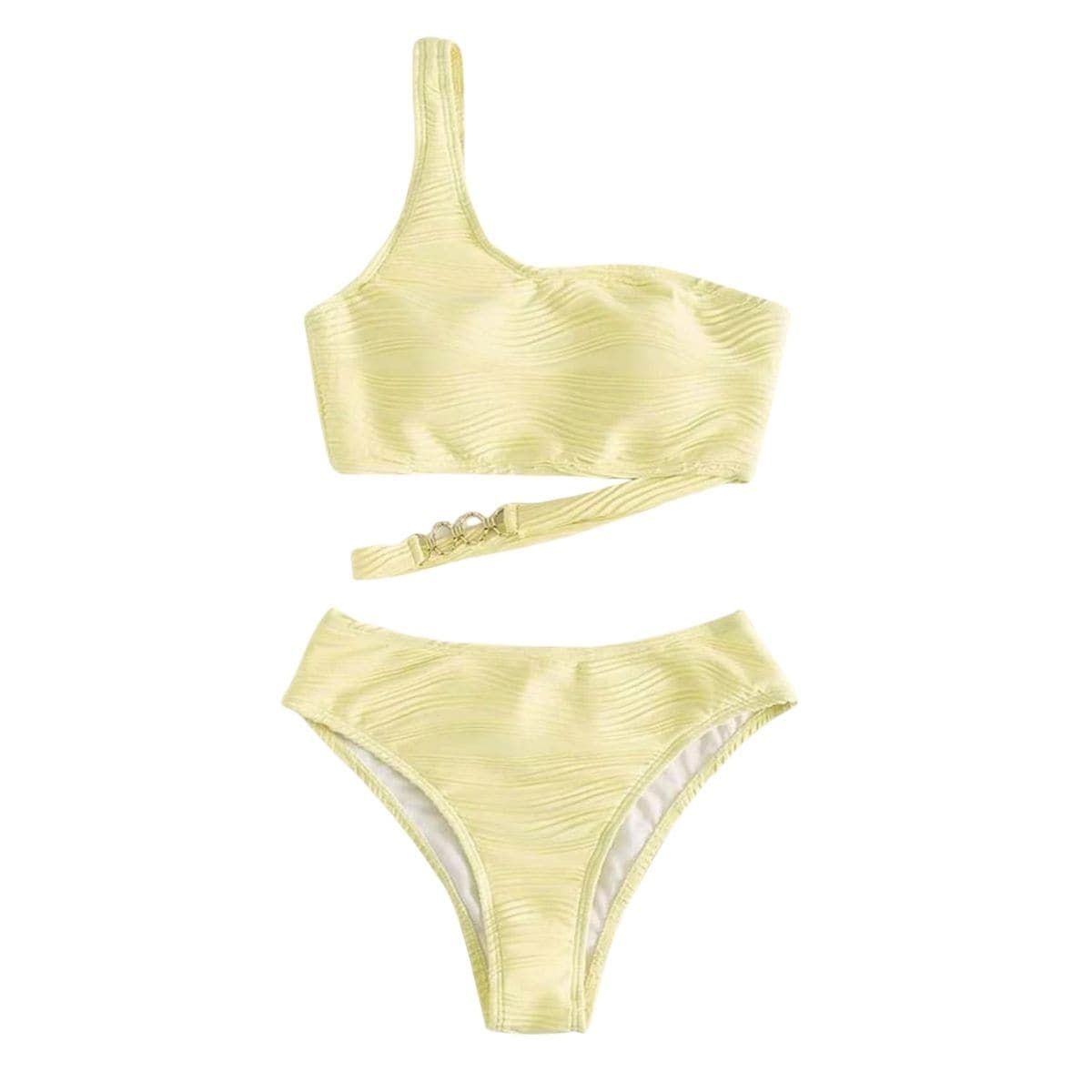 Traje de baño bikini con cadena metálica irregular sólida de un solo hombro 