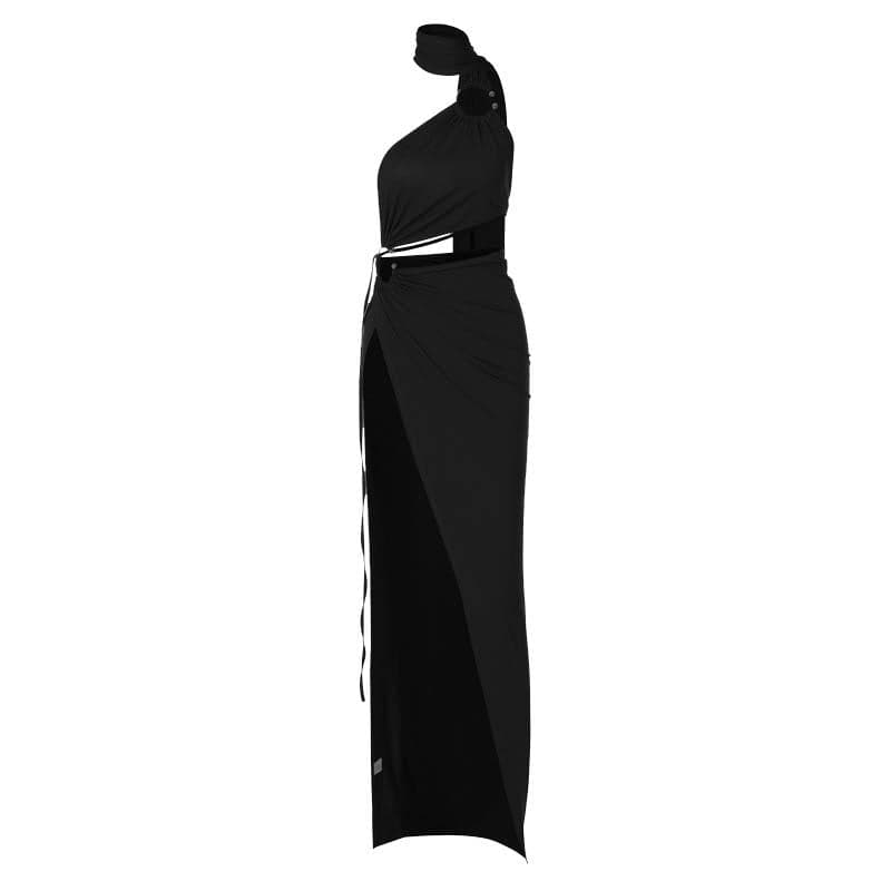 Halter o ring irregular solid backless ruched slit maxi dress