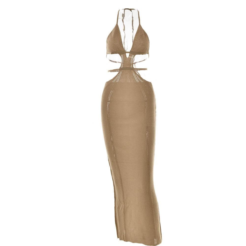 Hollow out self tie halter backless solid maxi dress