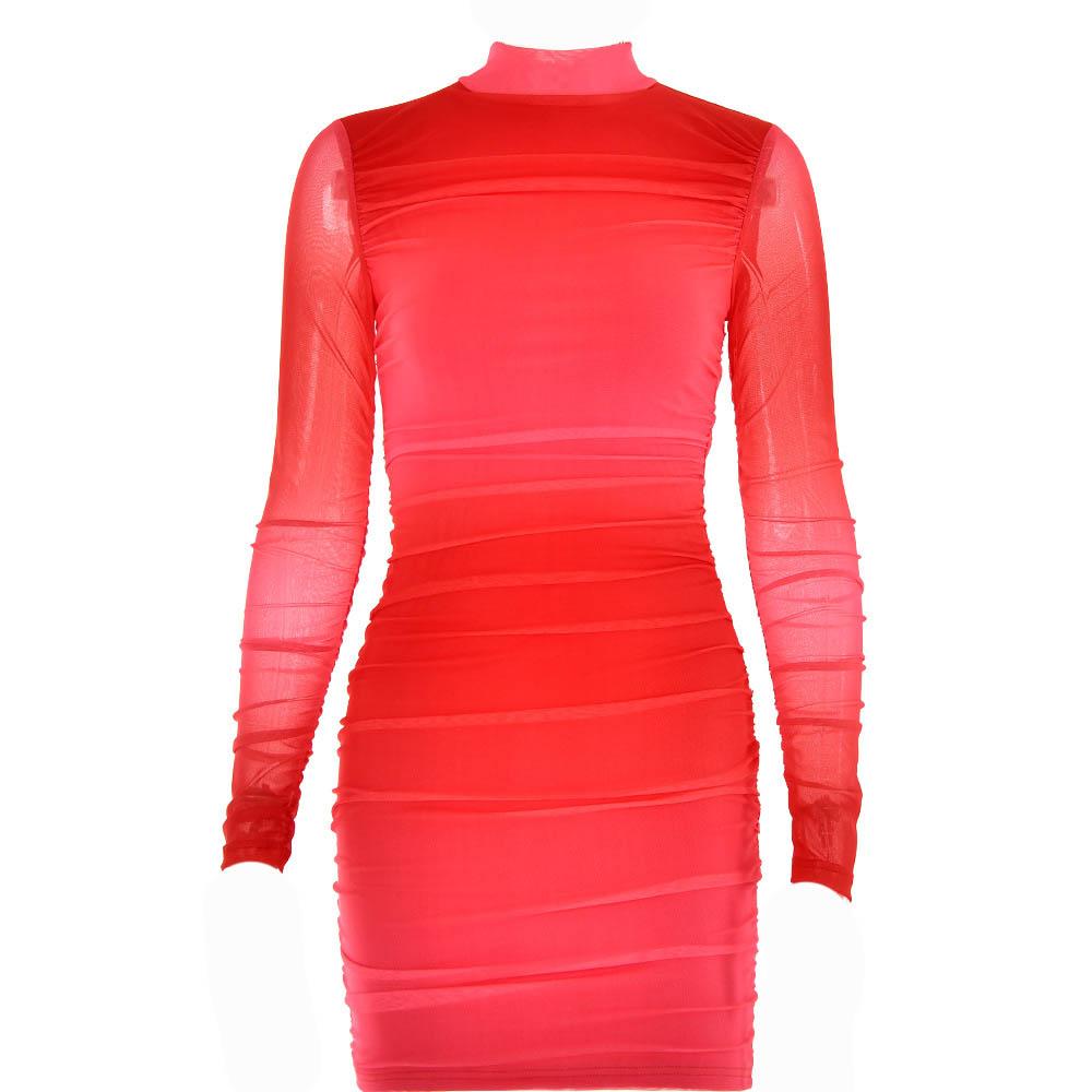 Mesh ruched zip-up long sleeve solid high neck mini dress