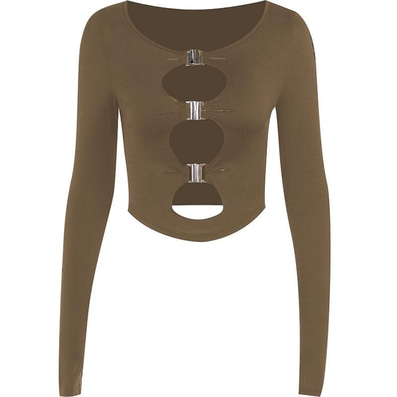 Buckle solid long sleeve hollow out round neck top