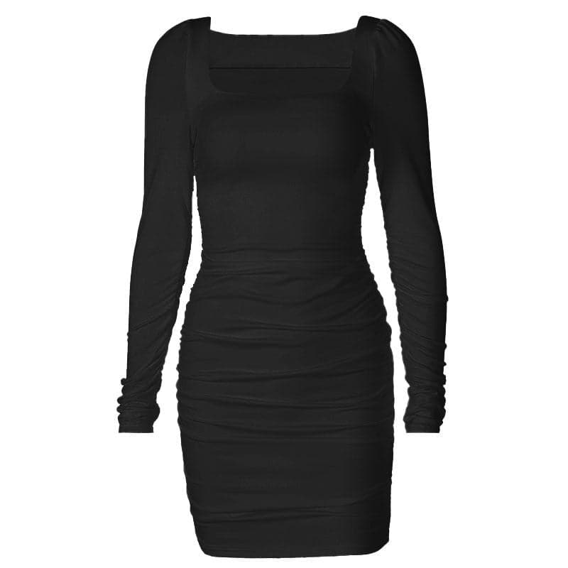 Long sleeve solid square neck ruched mini dress