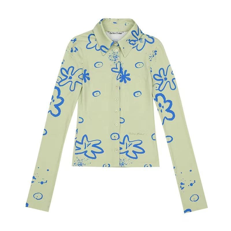 Turnover collar button contrast print long sleeve top