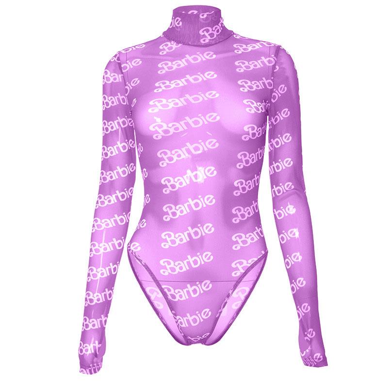 High neck long sleeve barbie print sheer mesh see through bodysuit