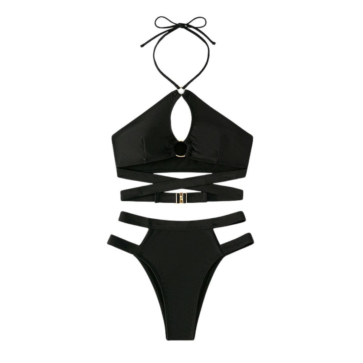 Cross front hollow out solid o ring halter bikini swimwear