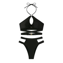 Traje de baño de bikini estilo halter con aros en forma de O y abertura en la parte delantera cruzada 