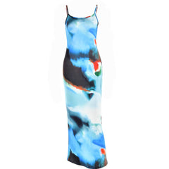 Tie dye contrast backless cami maxi dress