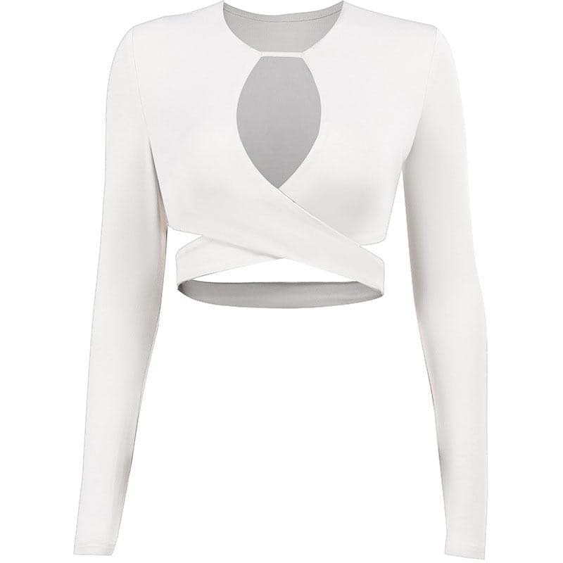 Hollow out solid cross front low cut long sleeve crop top