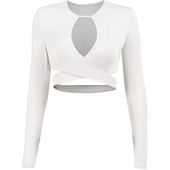 Hollow out solid cross front low cut long sleeve crop top