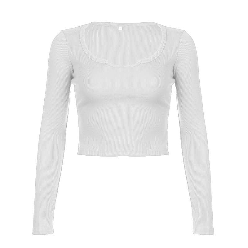 Ribbed notch neck solid long sleeve top