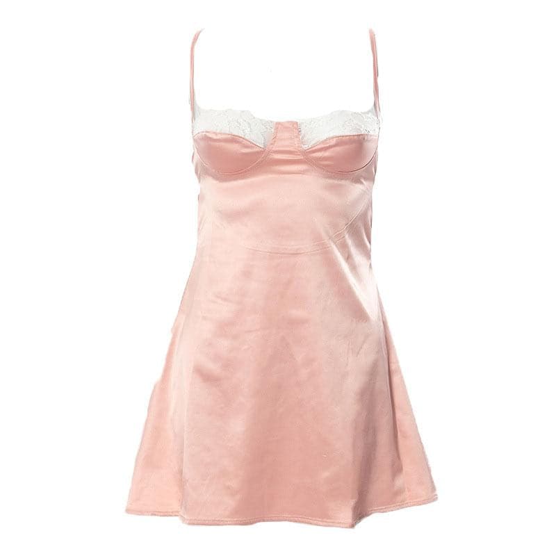 Lace hem satin ruched hollow out backless cami mini dress OBEEY Lace hem satin ruched hollow out backless cami mini dress OBEEY