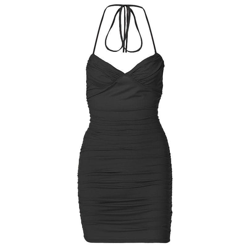 Sleeveless solid halter ruched backless self tie mini dress