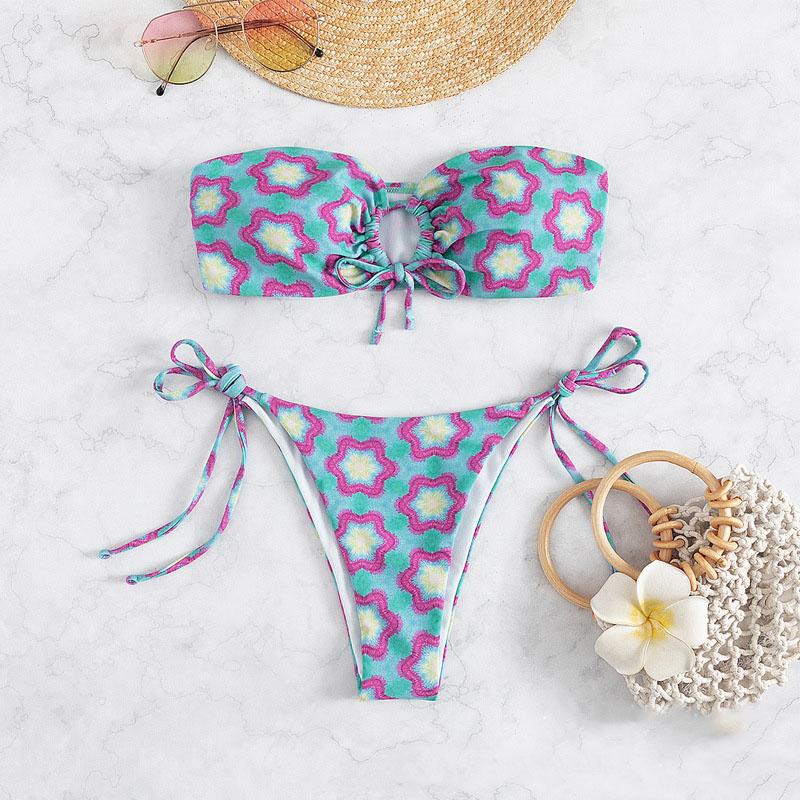 Contrast o ring flower pattern self tie padded tube bikini swimwear