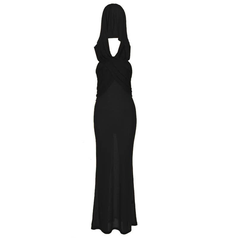 Hoodie solid cross front ruched backless sleeveless maxi dress