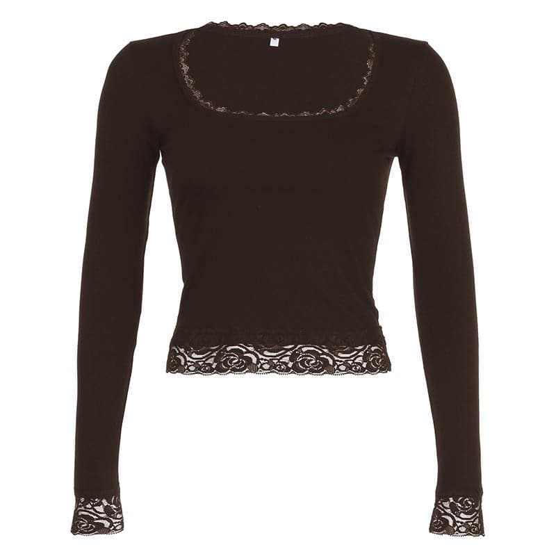 Lace hem solid square neck long sleeve top