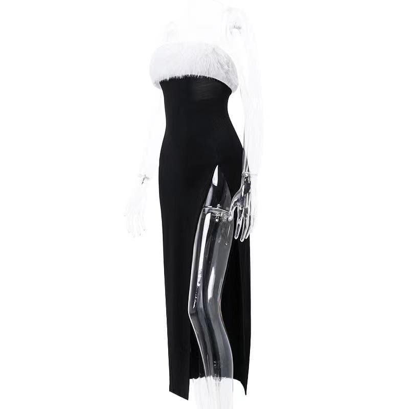 Fluffy contrast slit backless zip-up tube midi dress