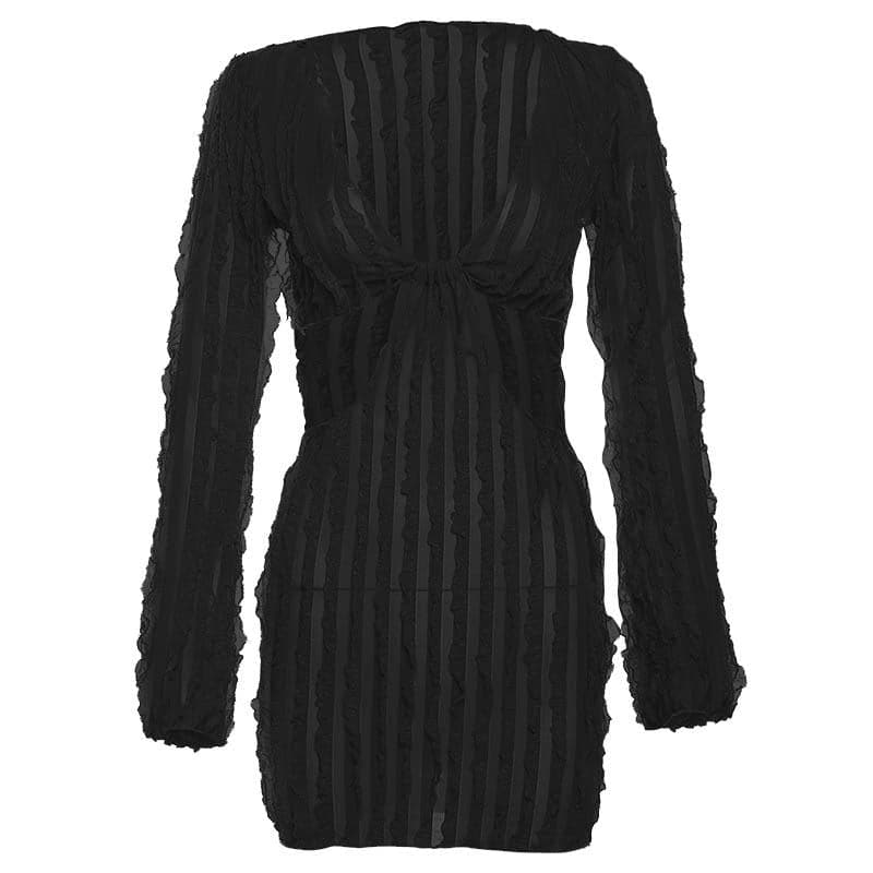 Long sleeve textured v neck hollow out ruffle mini dress