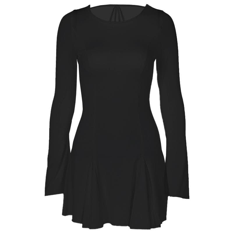 Pleated solid long sleeve self tie backless mini dress