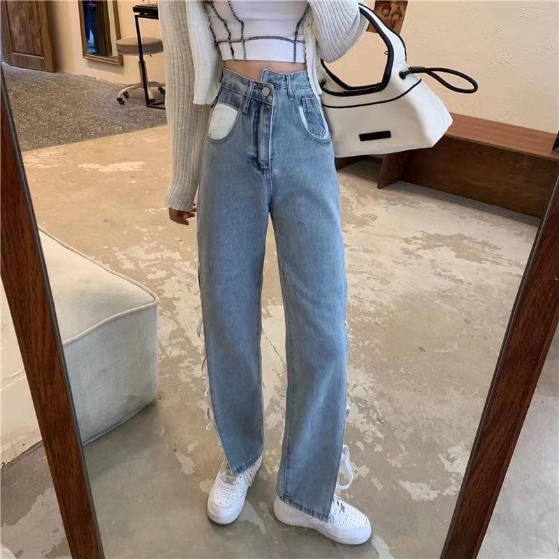 Irregular hollow out lace up zip-up button jeans